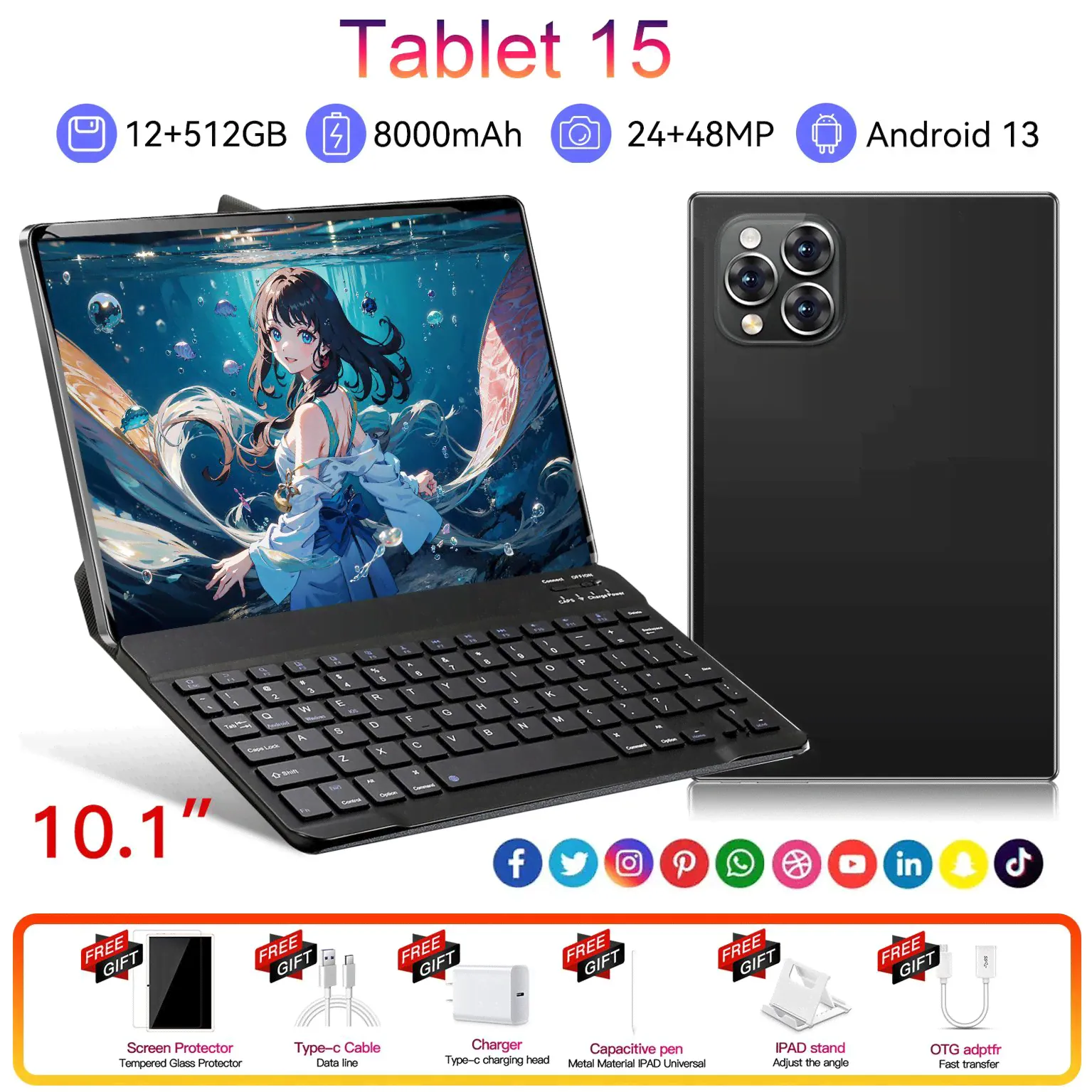 Планшет PRO 15, 10.1" 12 ГБ/512 ГБ, черный, черно-серый PRO 15 ,12+512GB,24MP+48MP,бесплатная клавиатура,игровой планшет,рабочий планшет